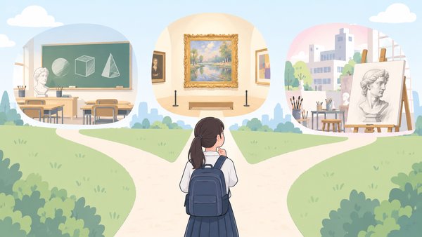 学校の美術室、美術館、美大のアトリエへ分かれる三つの道の前に立つ生徒のイラスト
