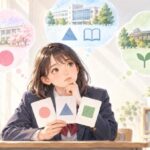 制服姿の高校生が、学校ごとに赤点の基準が違うことを思い浮かべているイラスト