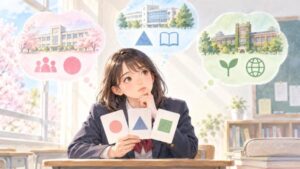 制服姿の高校生が、学校ごとに赤点の基準が違うことを思い浮かべているイラスト