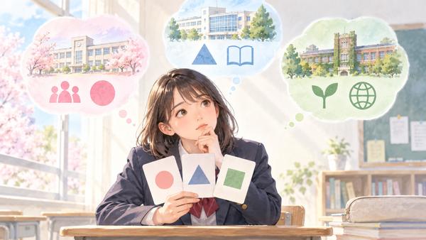 制服姿の高校生が、学校ごとに赤点の基準が違うことを思い浮かべているイラスト
