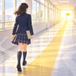 光の差す校舎の廊下を、目標に向かって一歩ずつ歩いていく制服姿の生徒の後ろ姿