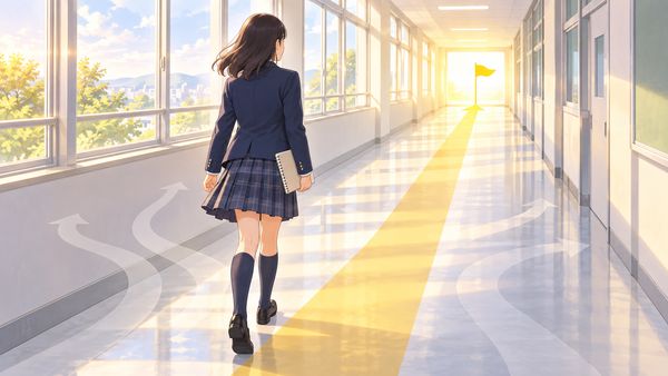 光の差す校舎の廊下を、目標に向かって一歩ずつ歩いていく制服姿の生徒の後ろ姿