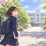通学路から校舎へ向かって歩いていく、リュックを背負った中学生の後ろ姿