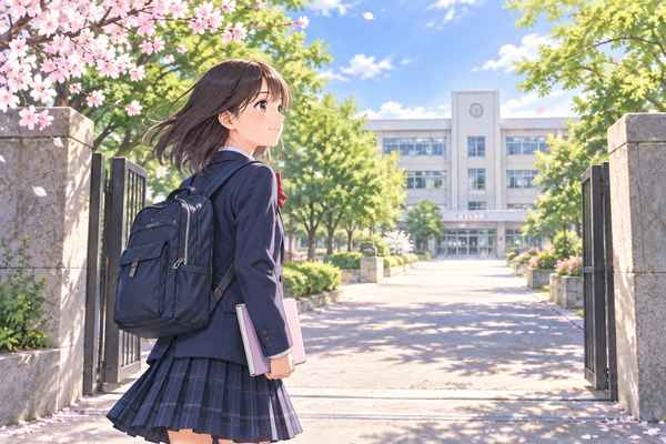 通学路から校舎へ向かって歩いていく、リュックを背負った中学生の後ろ姿