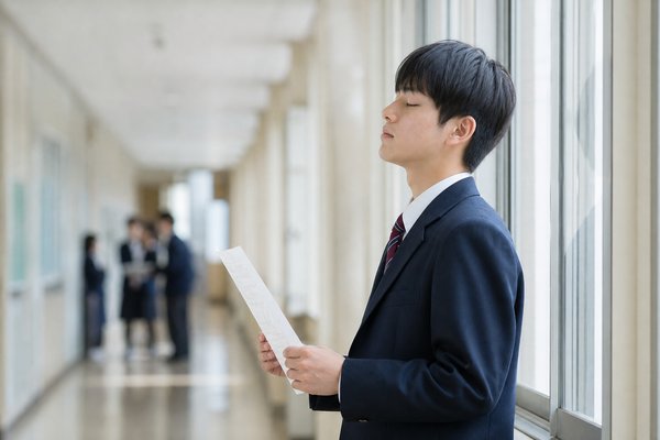 テストの答案を手に、学校の廊下で落ち着いて息を整える中3の男子生徒