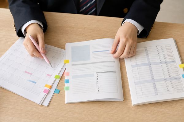 制服姿の高校生が年間行事予定としおり、シラバスを付箋で見比べる手元