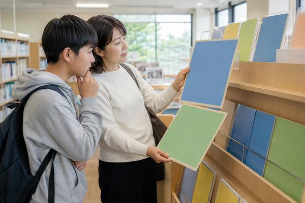 図書館の進路資料コーナーで色分けされた学校資料を見比べる中学生と保護者