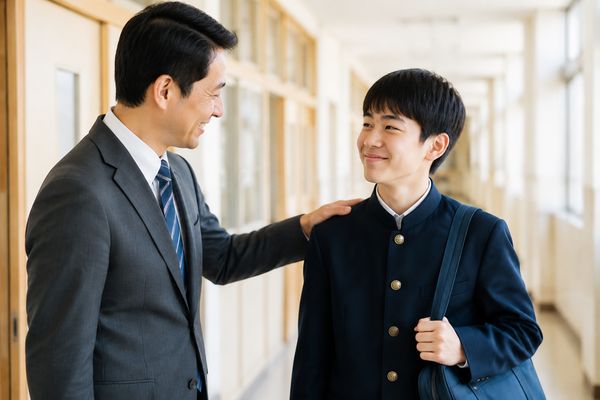 明るい校舎の廊下で担任の先生から成果をたたえられ、誇らしそうに笑う制服の中学生