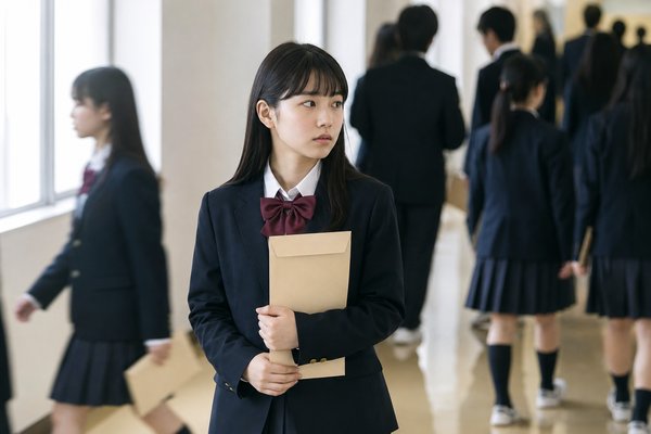 模試会場の廊下で結果の封筒を持ち、同じ模試を受けた大勢の受験生の中に立つ制服の高校生