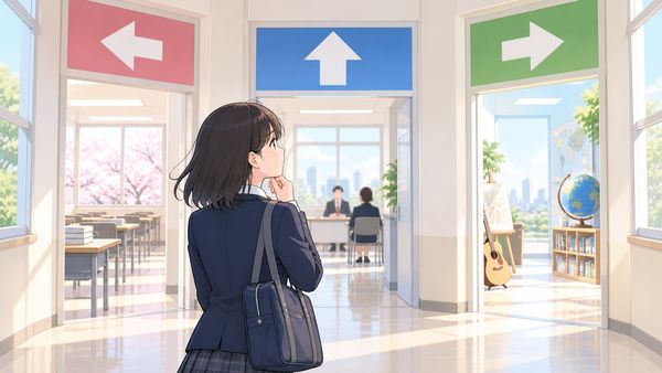 3つの出入口の前で、どの進路へ進むか考えている制服の高校生