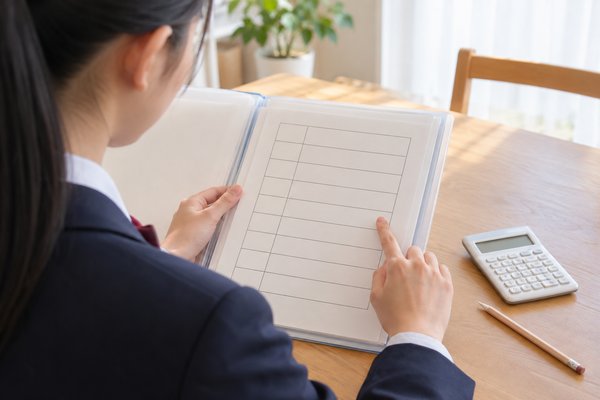 制服姿の中学生が電卓を横に置き、9教科の評定を一つずつ指で数えている場面
