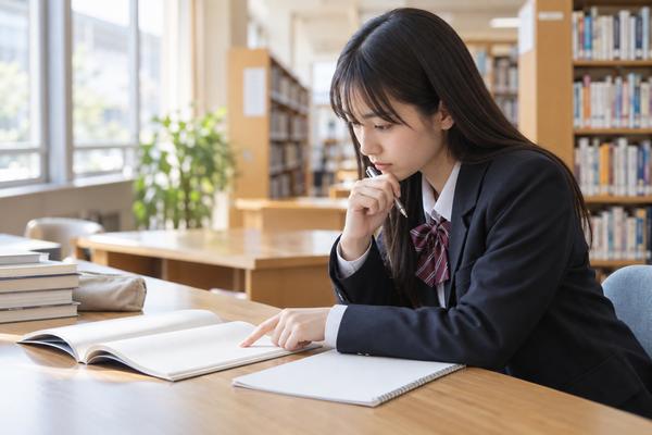 明るい図書室で、制服姿の高校生が数学の教科書の因数分解のページを指でたどりながら式の形を確認している様子