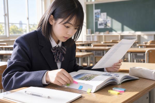 中1の女子生徒が学校のテスト範囲表と英語の教科書を見比べ、該当ページに色分けした付箋を貼っている様子