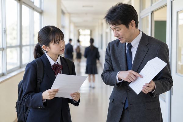 明るい学校の廊下で、制服の中学生が先生に実力テストの日程と範囲を質問している様子
