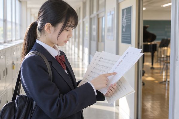 音楽室前の廊下で、制服の中学生がテスト範囲表と授業プリントを指で照らし合わせている様子