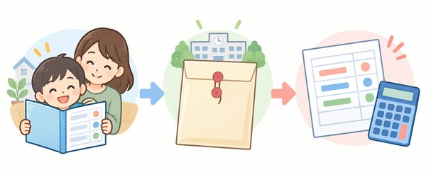 家庭に渡される通知表から学校が提出する調査書、そして入試で使う内申点へと進む流れを表したイラスト図解