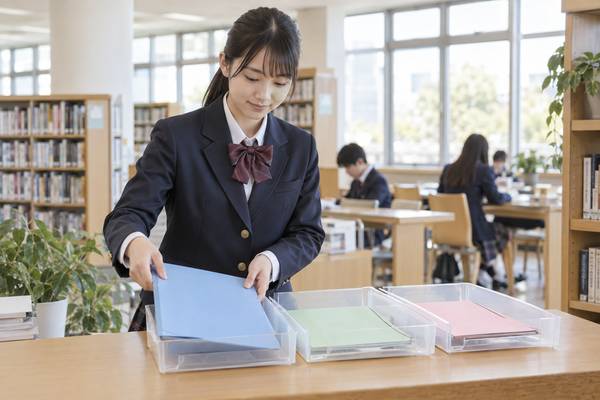 制服姿の高校生が図書館で、色の違う三つの書類ファイルを別々のトレーへ仕分けている様子