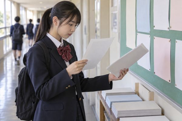 学校の掲示板の前で、手元のプリントと問題冊子を見比べて1枚を選ぶ中学生