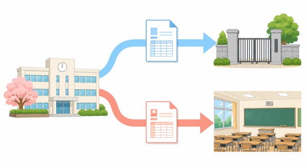 中学校から、入試前の調査書は高校の門へ、進学後の指導要録は高校の教室へと、二つの経路で送られる流れを示した図解