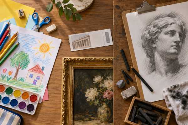 机の上に子どもが描いた絵、額に入った油絵、石膏像のデッサンと画材が並べられた様子