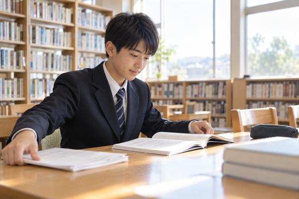明るい図書室で制服姿の中学2年生が参考書を開き、落ち着いて勉強に取り組んでいる様子