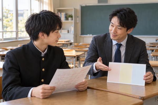 教室で制服姿の中学生が返却された答案を持ち、先生が3色に分かれたカードを示して3観点の見方を説明している様子