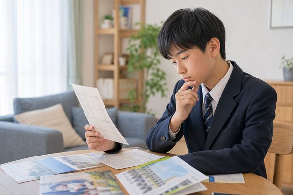 通知表と高校のパンフレットを見比べながら進路を考える制服の中学生