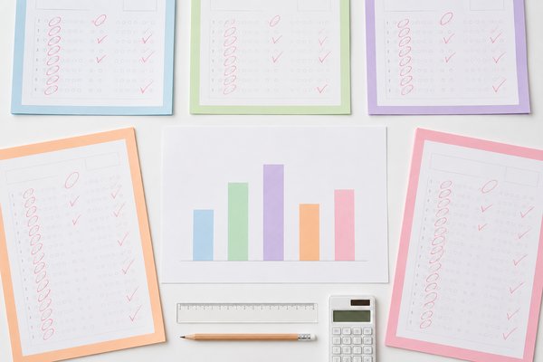 5教科分の返却答案と教科ごとの棒グラフ、電卓を机に並べて平均点との差を比べている様子