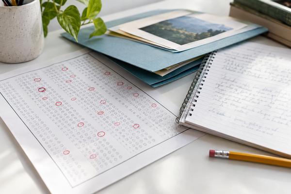 赤で印のついた答案用紙と提出用のファイル、書き込んだノートが机の上に重なっている様子