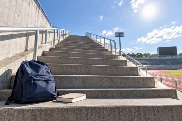 晴れた競技場の長い階段に置かれたリュックと参考書