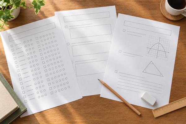 満点や出題形式の異なる3種類の実力テスト用紙を木の机に並べた様子