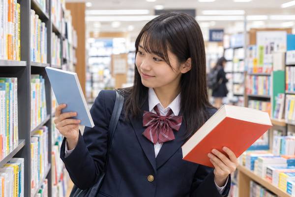 書店の学習参考書コーナーで薄い教材と分厚い問題集を見比べている制服姿の高校生