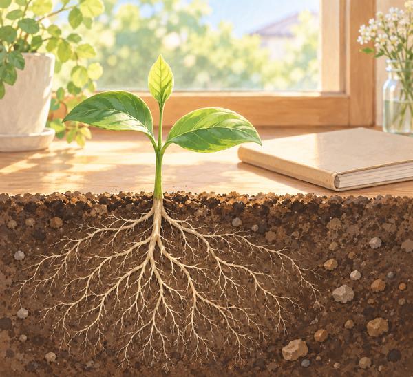 地上に出た小さな芽の下で、土の中に大きく広がっている根を描いたイラスト