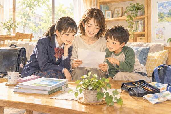 明るいリビングで一枚の学校からの案内を母親と中学生の姉・小学生の弟が一緒に読んでいるイラスト