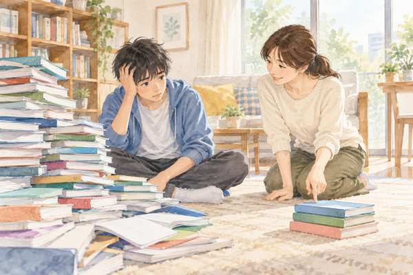 積み上がった大量の教科書に囲まれて困っている中学生に、母親が少ない冊数の山を指さしているイラスト