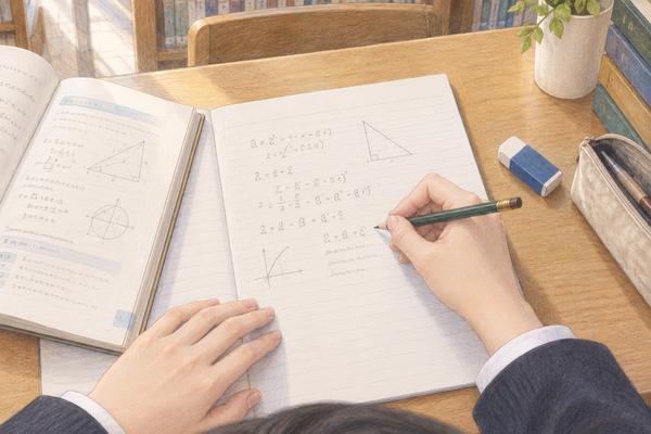 ノートに図と途中式を書きながら、記述形式の問題を解き進めている高校生の手元