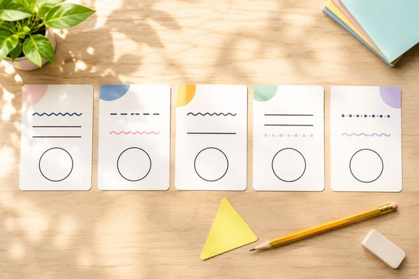 5枚の問題カードを机に横一列に並べ、それぞれに答えを書き込む丸い欄を用意した俯瞰