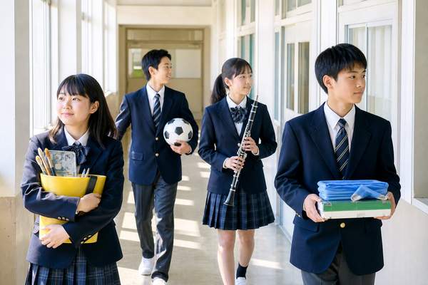音楽・美術・保健体育・技術家庭の道具を持って校内の廊下を歩く4人の中学生