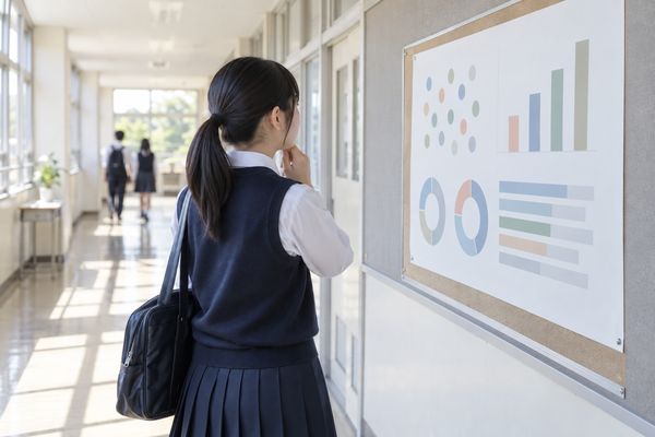 校舎の廊下に掲示されたグラフの資料を見つめる制服の中学生