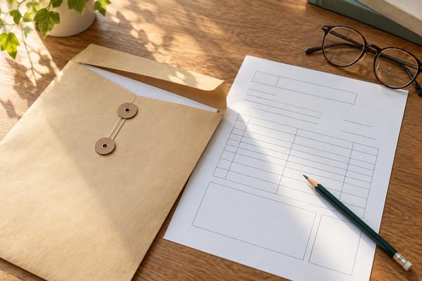 机の上に置かれた調査書の用紙と、それを入れる角形封筒