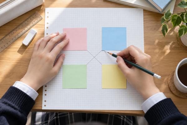 方眼紙の上に4枚の色付きカードを二段に並べ、鉛筆で対角線を引いてたすき掛けの配置を作っている生徒の手元