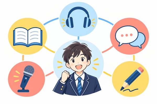 中学英語の五つの領域(聞く・読む・話すやり取り・話す発表・書く)を中学生を囲む5つのアイコンで示した図解
