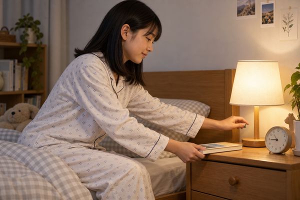 パジャマ姿の中学生が、ベッドに腰かけて読んでいた本を枕元の机に置き、ランプを消そうとしている就寝前の様子