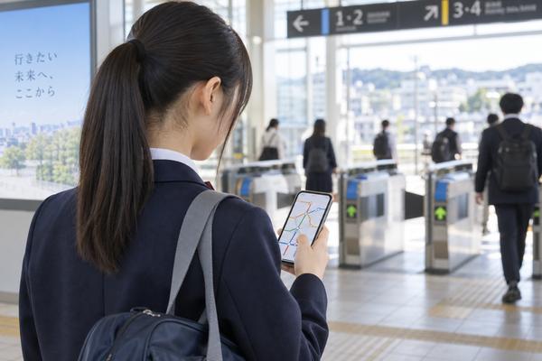 千葉の駅のコンコースで、制服の中学生が案内板とスマートフォンの路線図で通学の行き方を確かめている様子