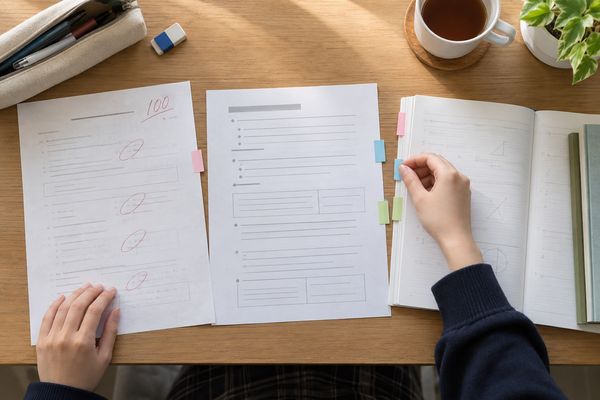机に前回の答案とテスト範囲表と学校ワークを並べて付箋を貼る手元