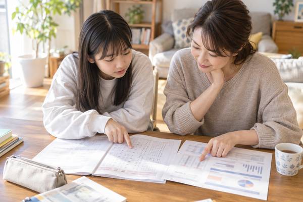 母親と中学生の娘がリビングで答案と個人成績票を並べ、テスト名や平均点を指さして確認している様子