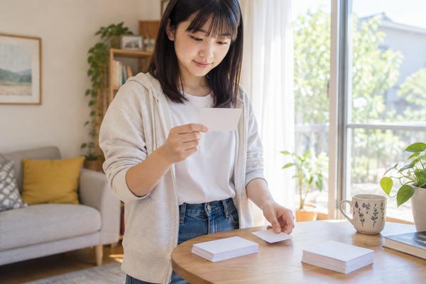 自宅のテーブルで英単語カードを1枚ずつめくり、日本語から英語を書けるか確かめている中学生