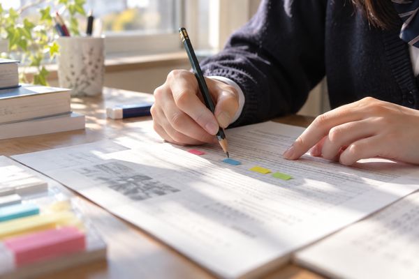 英語の問題プリントを一文ずつ鉛筆で追い、色付きの付箋で止まった場所に印をつけている高校生の手元