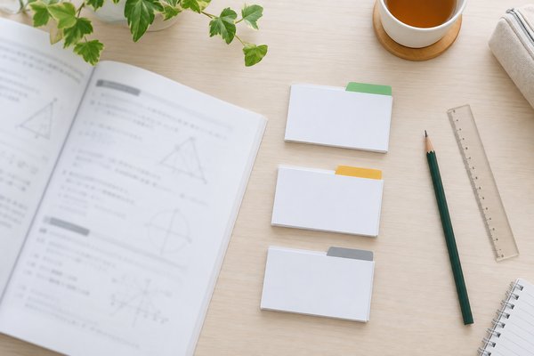 数学の問題集の横に、単元をA・B・Cの三段階へ仕分けるための緑・黄・灰のタブ付きカードを並べた机