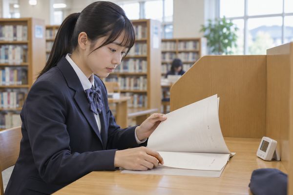 図書館の個別席で制服の高校生が慶應の過去問を初めて開き弱点を確かめる場面